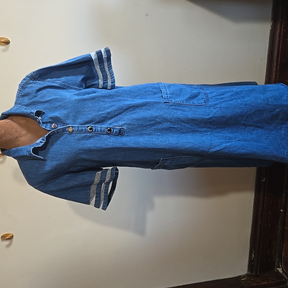 D6 Denim Popover Dress Collared Neckline Partial Button Front Pockets Sz XL